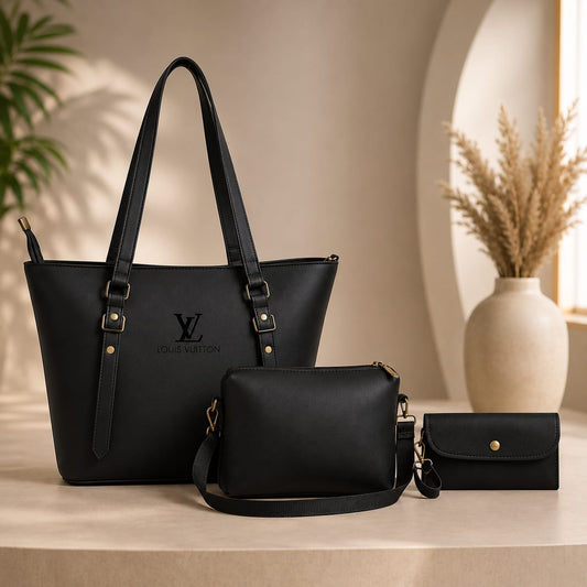 THREE PIECE BLACK TOTE BAG